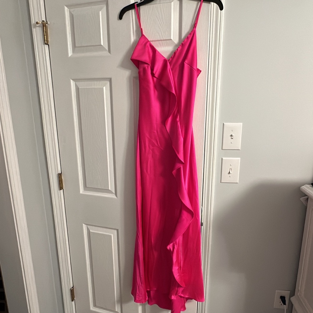 Hot pink satin formal midi dress with slit and ruffle